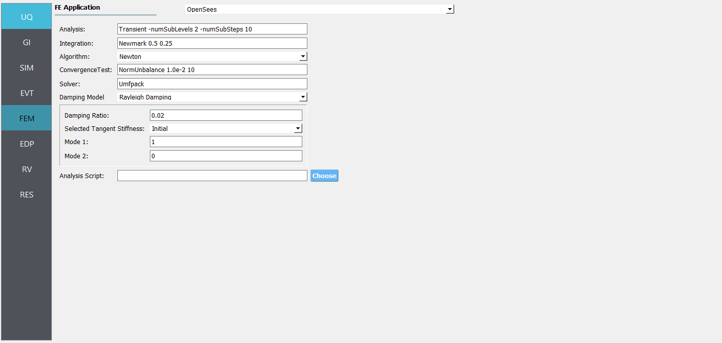 Screenshot of a user interface for an FE (Finite Element) Application titled "OpenSees." The interface contains various dropdown menus and input fields for configuring a finite element analysis. Options include setting the type of analysis (Transient with additional numerical parameters), integration method (Newmark), algorithm (Newton), and others such as convergence test, solver, damping models, damping ratio, and selecting tangent stiffness. There are numeric input fields for Mode 1 and Mode 2, along with a field for an analysis script. The interface includes sidebar navigation with acronyms like UQ, GI, SIM, EVT, FEM, EDP, RV, and RES.