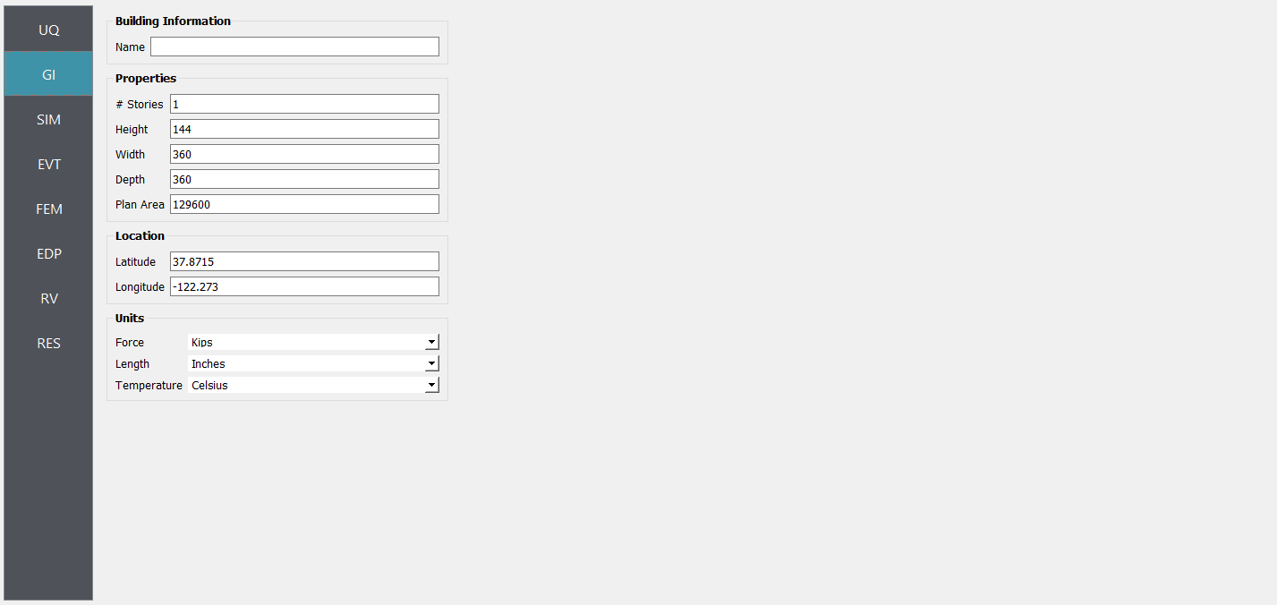 The image displays a user interface with a section labeled "Building Information". It contains fields for inputting the name, properties such as the number of stories, height, width, depth, and plan area of a building. There is also a location section with fields for latitude and longitude, and a unit selection area where force is set to Kips, length to inches, and temperature to Celsius. The form is partially filled out with numerical values for the building's dimensions and geographic coordinates. There are sidebar navigation tabs with various abbreviations like UQ, GI, SIM, EVT, and others. The interface appears to be part of a software application used for building simulation or analysis.