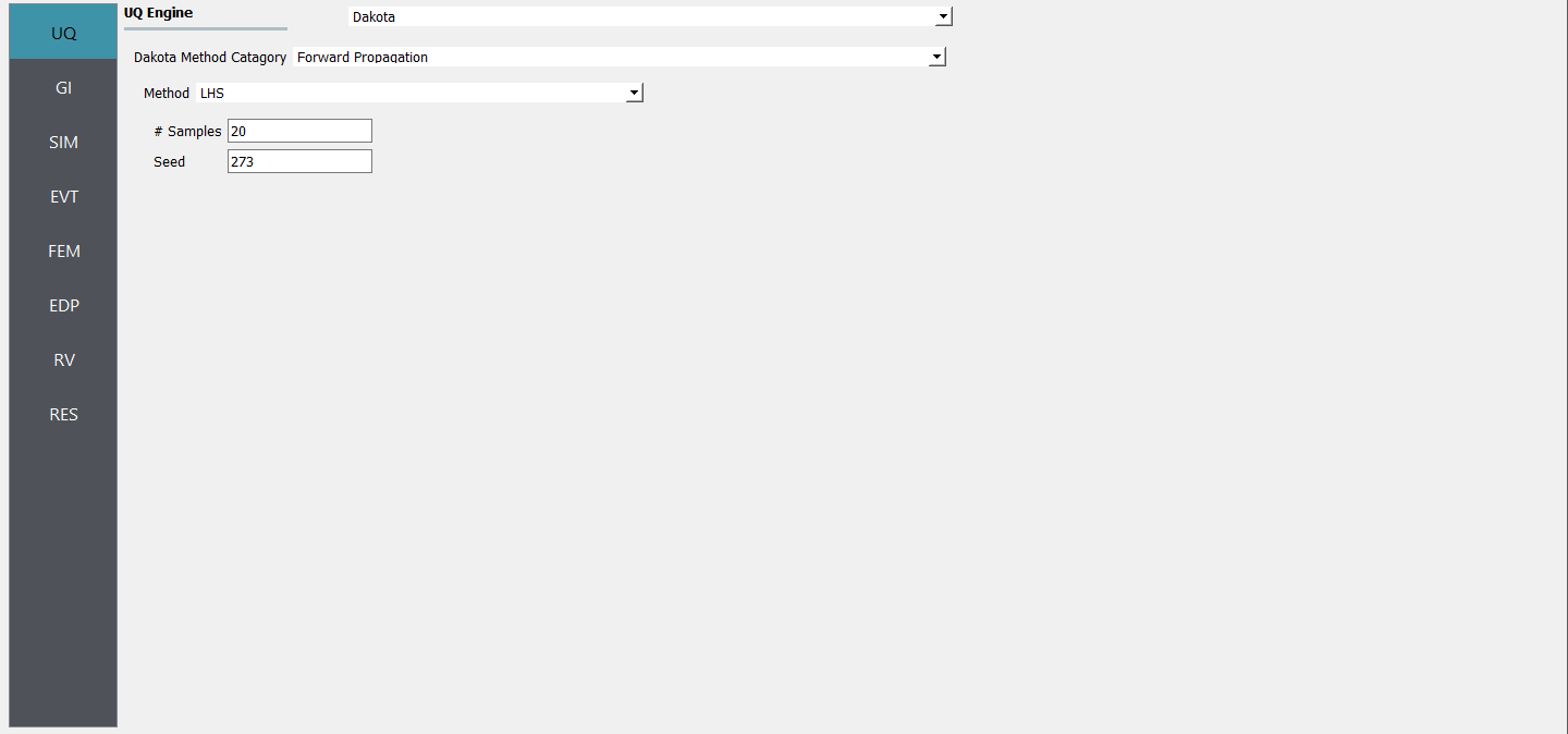 Screenshot of a graphical user interface for a software, with a navigation menu on the left side containing options like UQ, GI, SIM, EVT, FEM, EDP, RV, RES in a vertical alignment. On the right, there is a section titled "UQ Engine" with "Dakota" selected from a dropdown menu. Below, the "Dakota Method Category" is set to "Forward Propagation" and the "Method" chosen is "LHS." Two fields labeled "# Samples" with a value "20" and "Seed" with a value "273" are displayed. The rest of the interface is mostly blank, indicating potential areas for input or interaction.