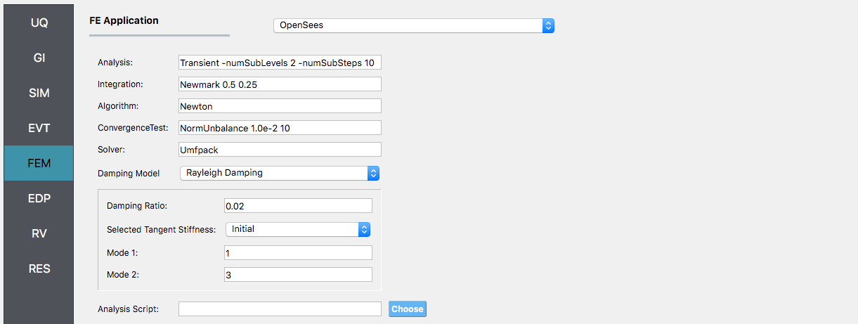 Screenshot of a software interface with the title "FE Application" selected from a menu. The interface is divided into various settings grouped under Analysis, Integration, Algorithm, ConvergenceTest, Solver, and Damping Model, with parameters like "Transient -numSubLevels 2 -numSubSteps 10", "Newmark 0.5 0.25", "Newton", "NormUnbalance 1.0e-2 10", and "Umfpack" filled in the respective text fields. There is also a section for Damping Model showing "Rayleigh Damping" selected from a dropdown menu, alongside fields for Damping Ratio, Selected Tangent Stiffness, Mode 1, and Mode 2 with numerical values set. A button labeled "Choose" next to an empty field for Analysis Script is located at the bottom of the interface.