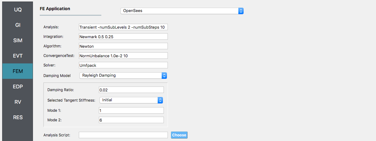 Screenshot of a software interface for finite element application with various parameter fields. The dropdown at the top is set to "OpenSees." The parameters include settings for "Analysis," "Integration," "Algorithm," "ConvergenceTest," "Solver," "Damping Model," "Damping Ratio," "Selected Tangent Stiffness," and modes 1 and 2 with numerical input fields. There's also a field for "Analysis Script" at the bottom. The interface has a sidebar with tabs labeled "UQ," "GI," "SIM," "EVT," "FEM," "EDP," "RV," "RES," with the "FEM" tab highlighted.