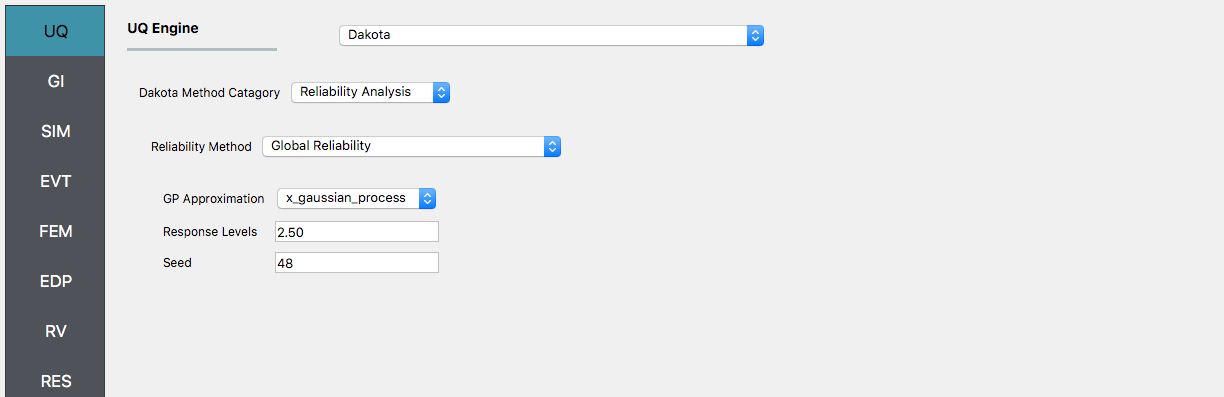 Screenshot of a software interface for uncertainty quantification (UQ) featuring the UQ Engine section. The selected engine is "Dakota" with a "Reliability Analysis" Dakota Method Category. Below, the "Reliability Method" is set to "Global Reliability," the "GP Approximation" is chosen as "x_gaussian_process," "Response Levels" has a value of 2.50, and "Seed" is set to 48. The sidebar contains abbreviations like GI, SIM, EVT, FEM, EDP, RV, and RES, each indicating different sections of the software interface.