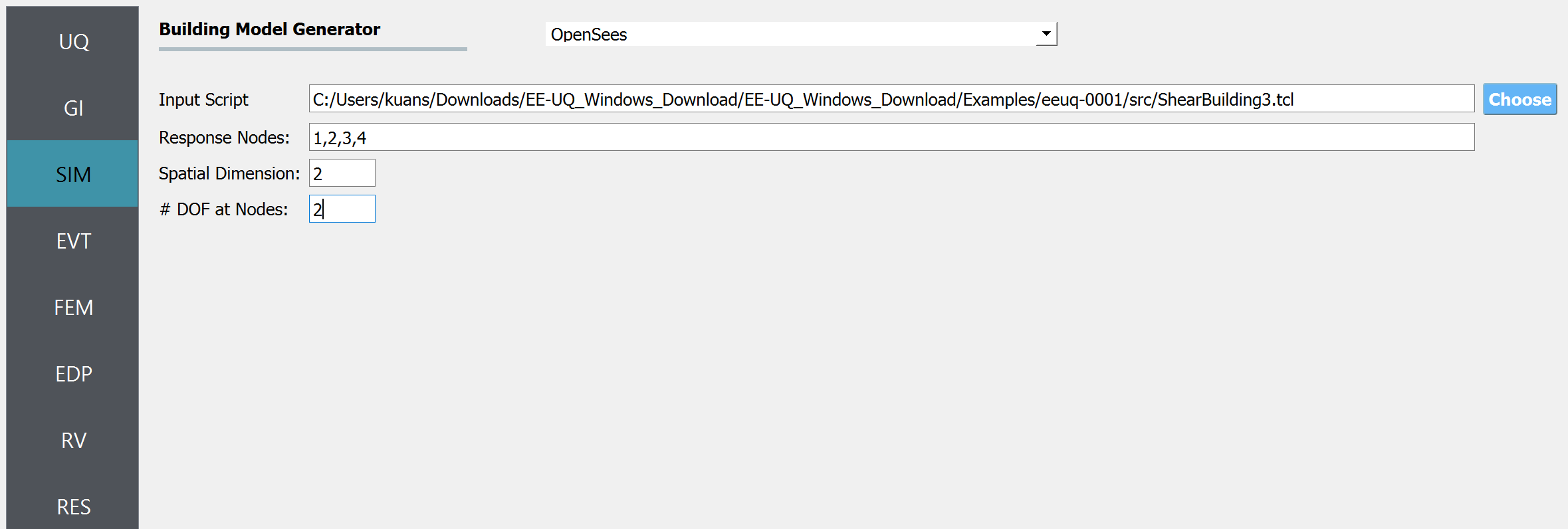 Screenshot of a Building Model Generator software interface showing a selected file path for an Input Script labeled "ShearBuilding3.tcl", fields for specifying Response Nodes, Spatial Dimension, and Degrees Of Freedom (DOF) at Nodes. There are tabs on the left side for various modules like UQ, GI, SIM, EVT, FEM, EDP, RV, and RES, with SIM currently selected or highlighted. A drop-down menu at the top right corner indicates the software is integrated with or supports OpenSees.
