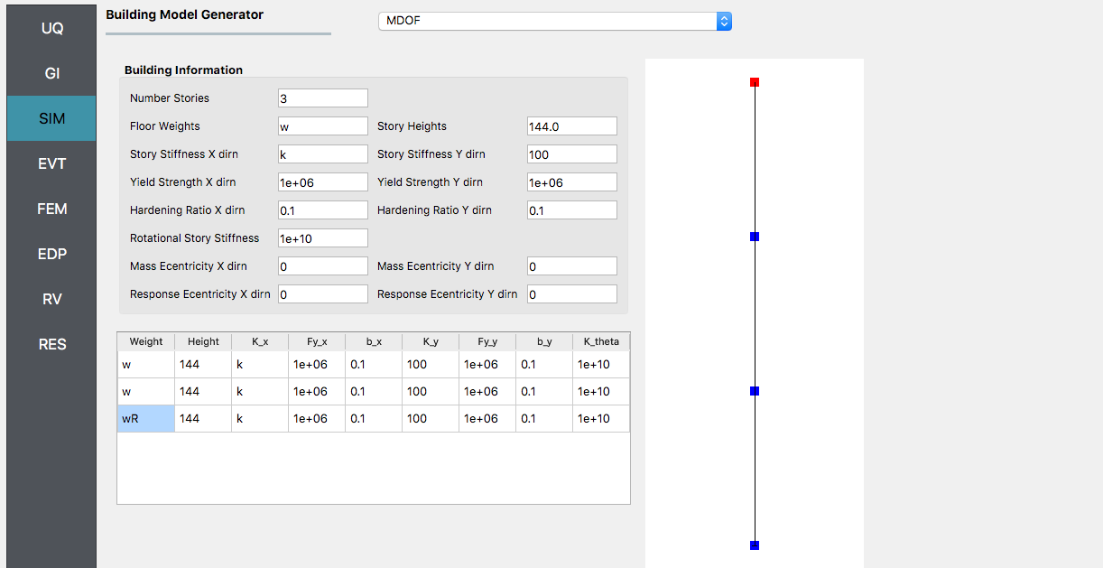 Screenshot of a Building Model Generator software interface with various input fields for defining building specifications such as number of stories, floor weights, story heights, and stiffness values. On the right side of the screen is a diagram representing a multi-degree of freedom (MDOF) model of a building with three levels, indicated by blue squares, and a vertical line representing the structure's height.