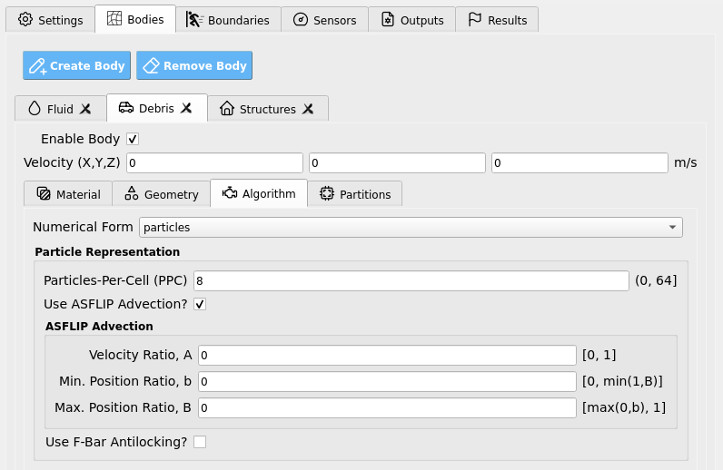 HydroUQ Algorithm panel for debris compatibility with fluid.