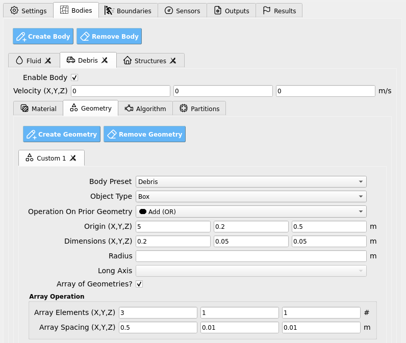 HydroUQ Debris Geometry panel showing an ordered 3x1 array specification.
