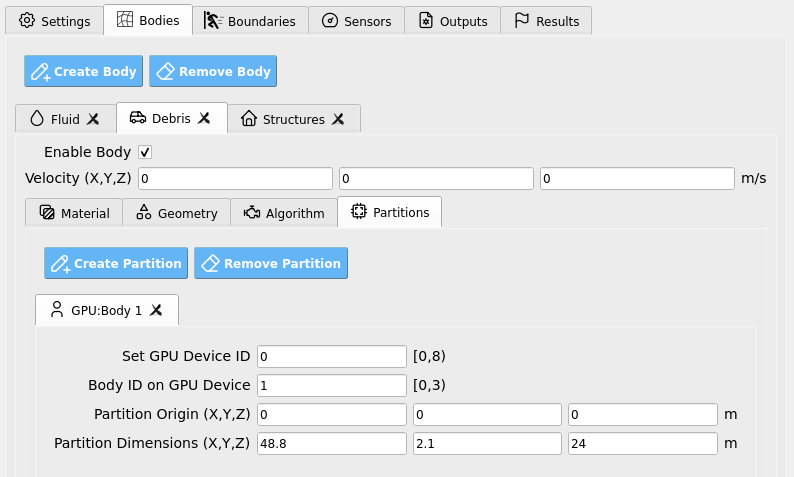 HydroUQ Partitions panel for multi-GPU decomposition.