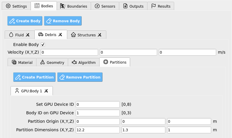HydroUQ Partitions panel for multi-GPU decomposition.