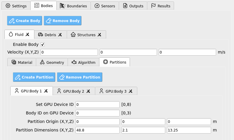 HydroUQ Partitions panel for multi-GPU decomposition.