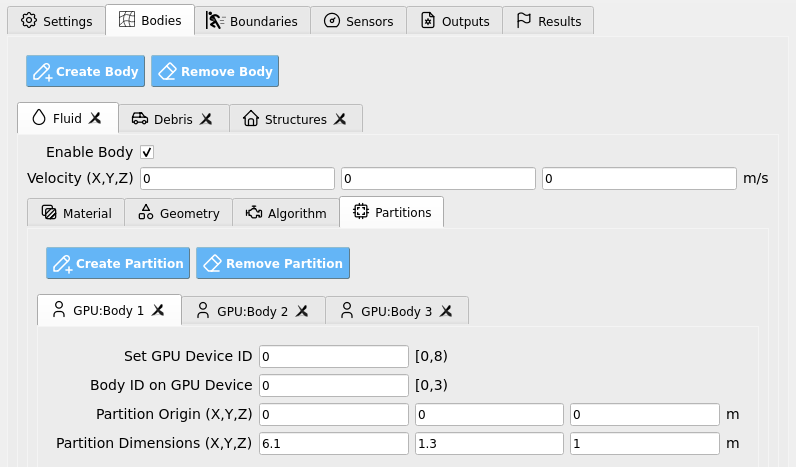 HydroUQ Partitions panel for multi-GPU decomposition.