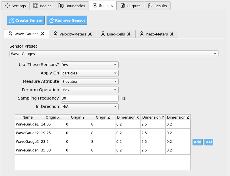 HydroUQ Wave-Gauge sensor configuration with sampling rate and gauge extents.