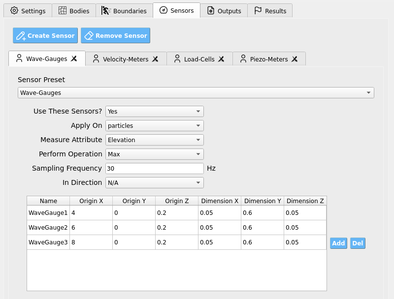 HydroUQ Wave-Gauge sensor configuration with sampling rate and gauge extents.