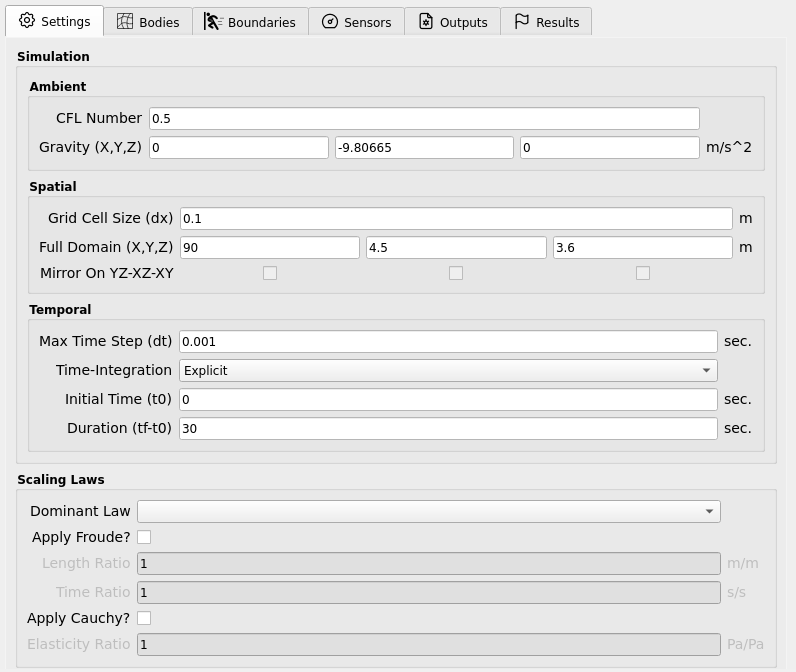 HydroUQ Settings panel where simulation time, time step, and grid resolution are configured.
