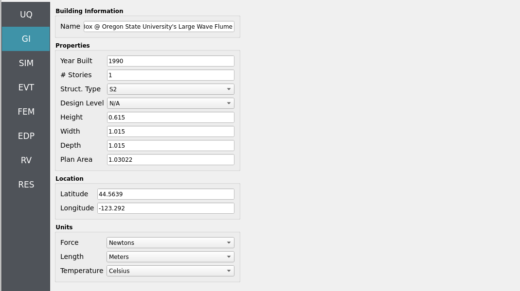 General Information panel with project name, metadata, and unit selections.