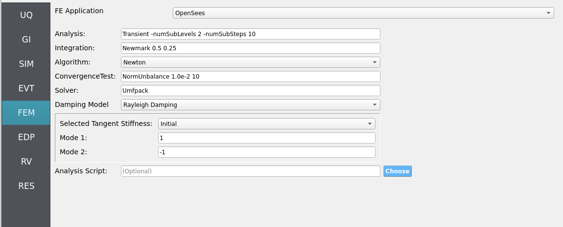 FEM panel for OpenSees with dynamic analysis options, integration/time step, algorithm, and damping model.