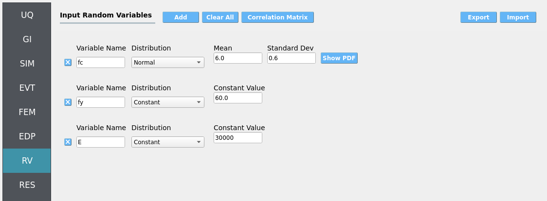 RV panel listing fc with a Normal distribution and specified mean and standard deviation. fy and E are kept constant.