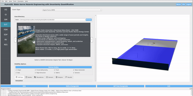 HydroUQ GUI configured as a digital flume for the Oregon State University's Directional Wave Basin; debris containers, harbor apron, and obstacle rows visible.