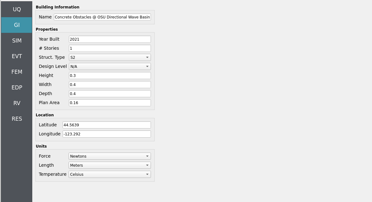 General Information panel with project name, metadata, and unit selections.