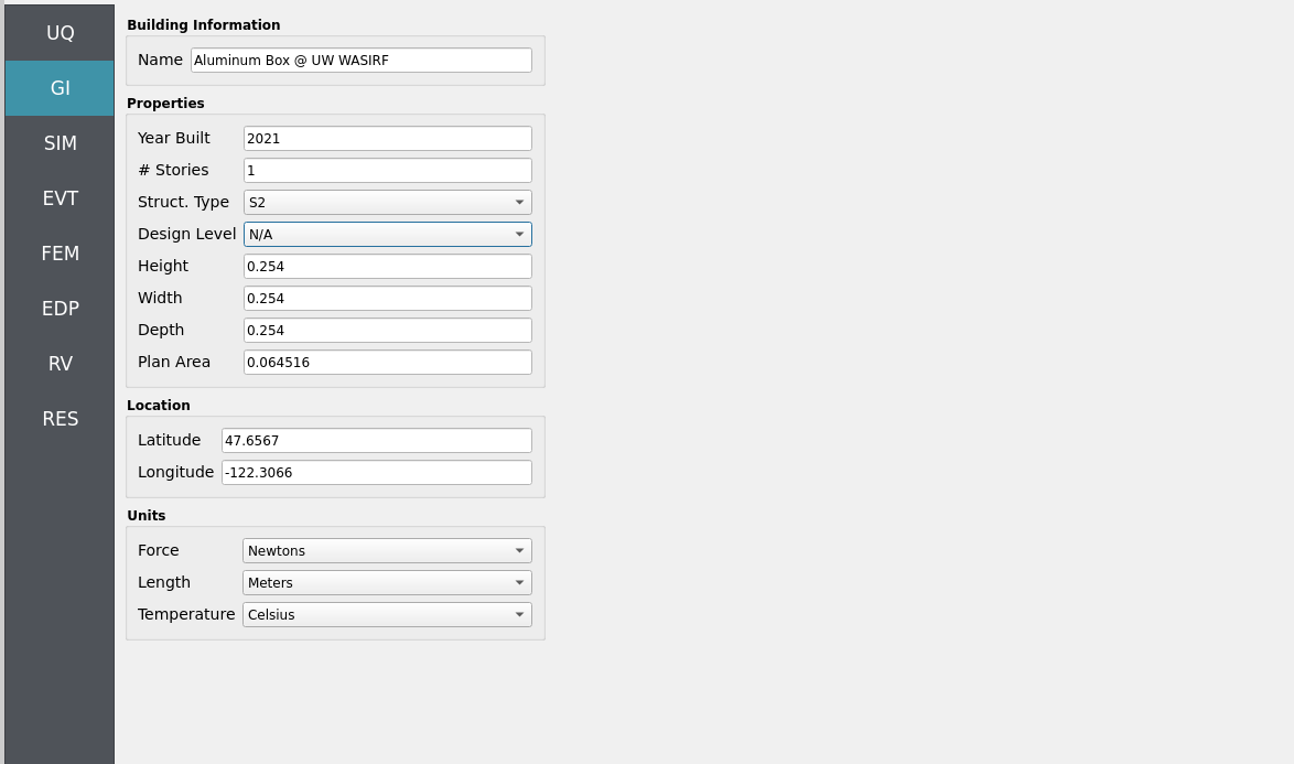 General Information panel with project name, metadata, and unit selections.