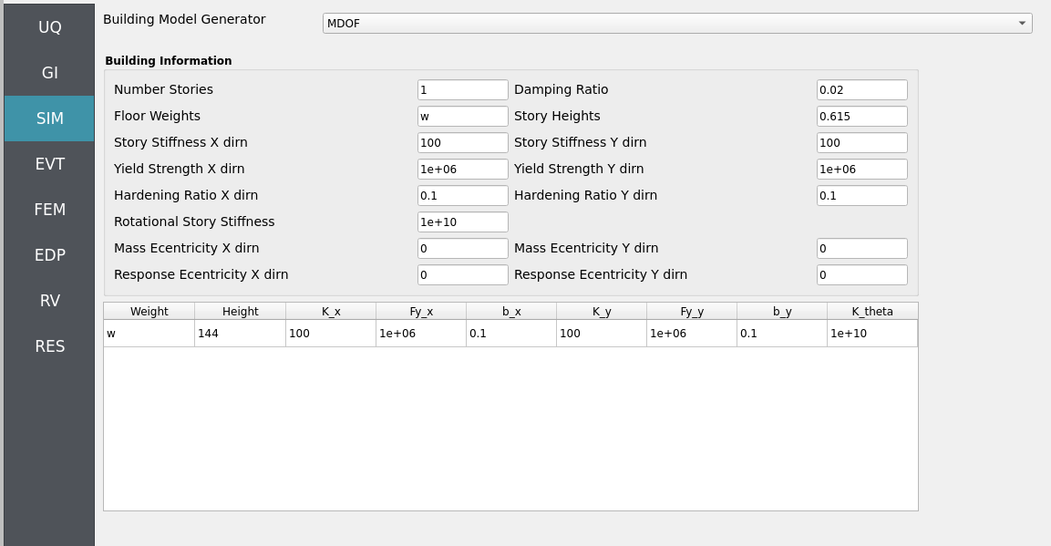 SIM panel showing a single story MDOF system with uncertain variables w.