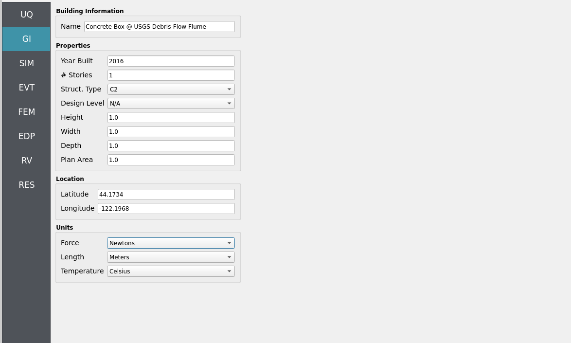 General Information panel with project name, metadata, and unit selections.