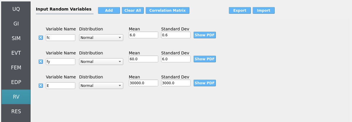RV panel listing fc, fy, and E with Normal distributions and parameters.