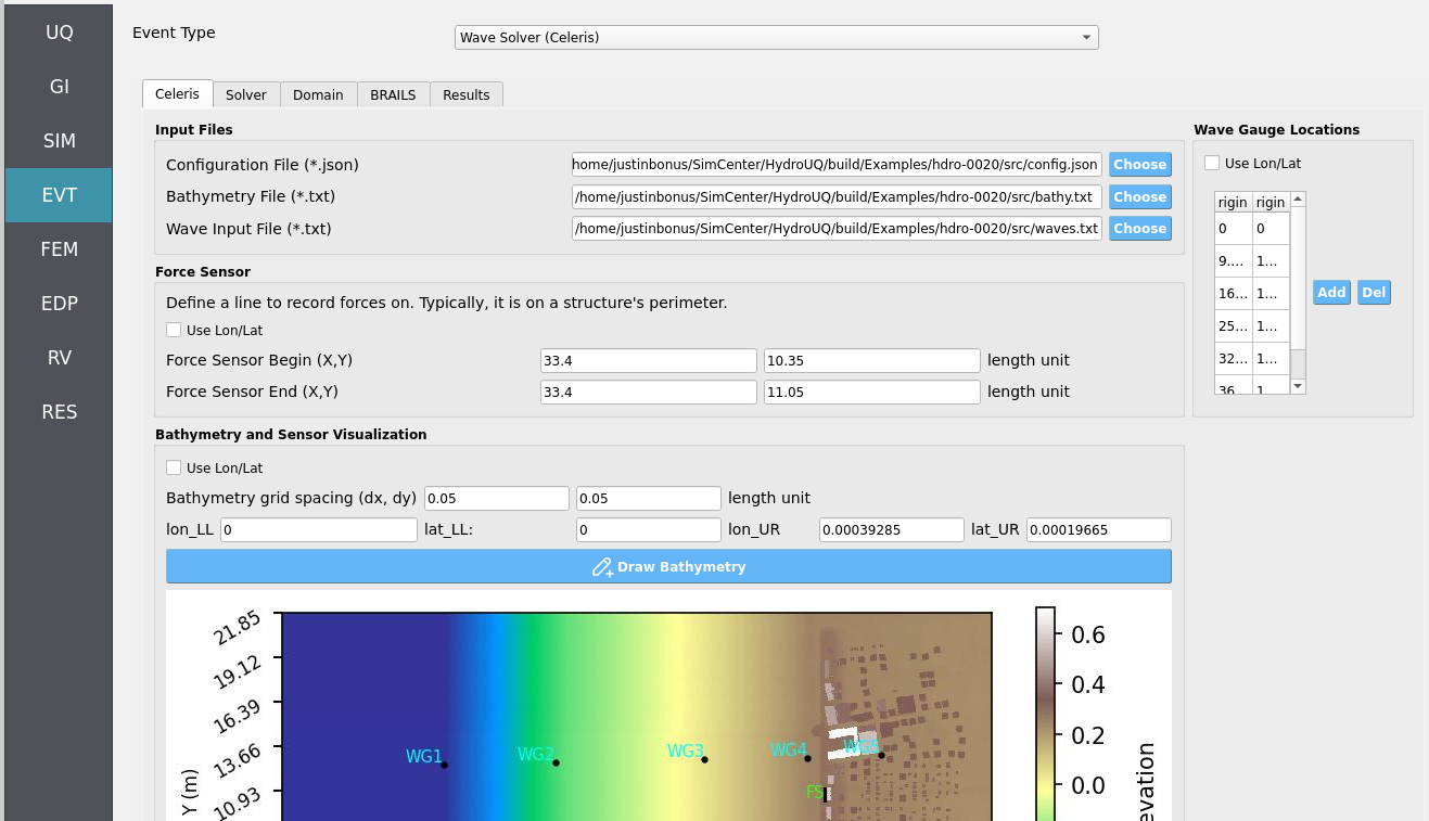 EVT panel showing Celeris configuration with scaled bathymetry.