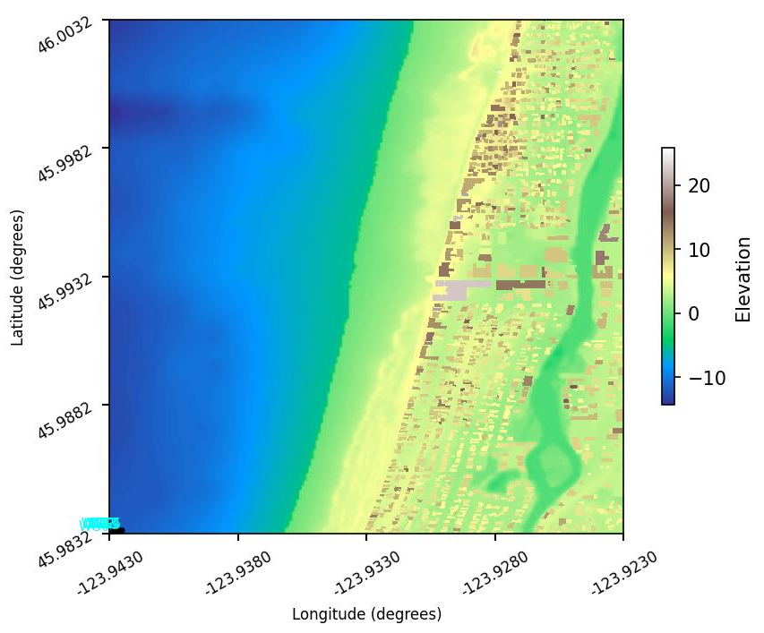EVT panel showing full-scale bathymetry of Seaside, Oregon.
