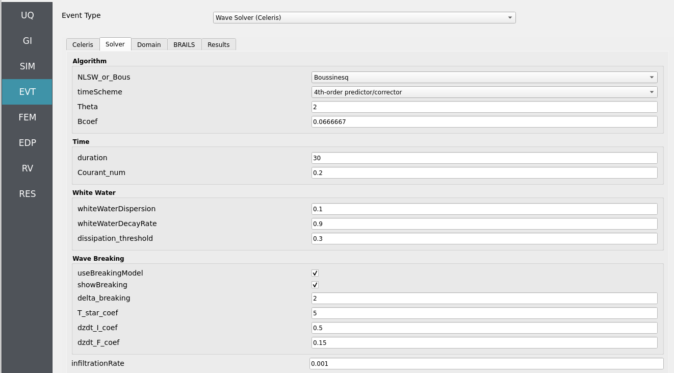 EVT panel showing Celeris Solver configuration.