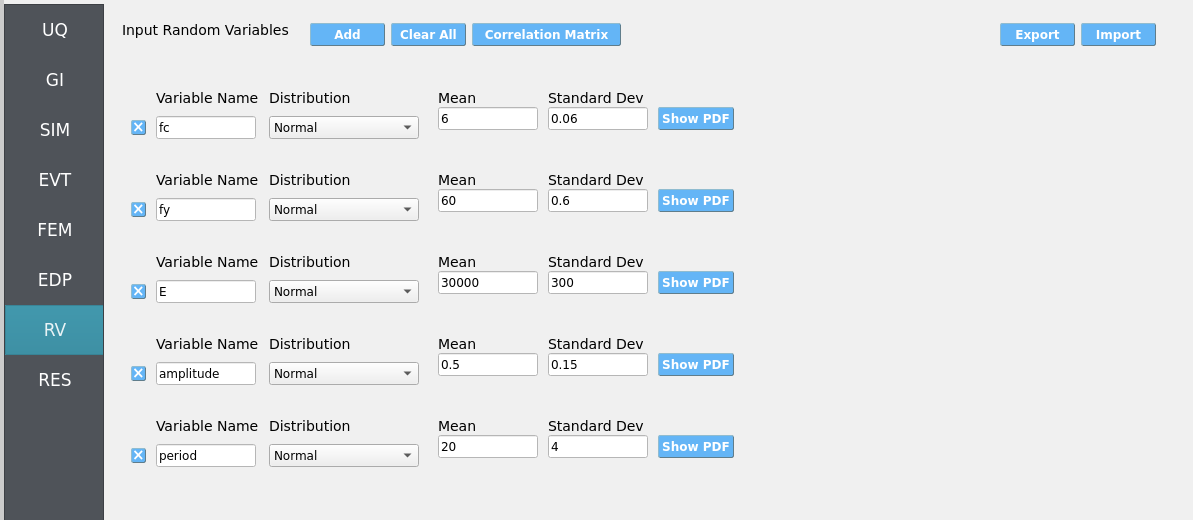 RV panel listing fc, fy, E, amplitude, and period with Normal distributions and parameters.