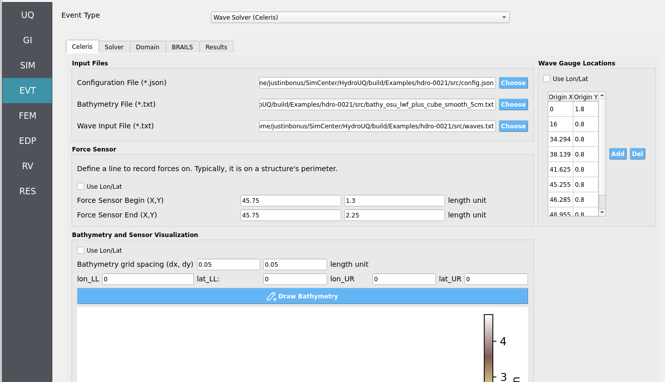 EVT panel showing Celeris configuration with scaled bathymetry.