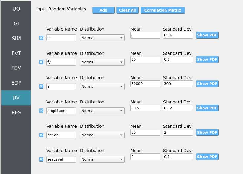 RV panel listing fc, fy, E, amplitude, period, and seaLevel with Normal distributions and parameters.