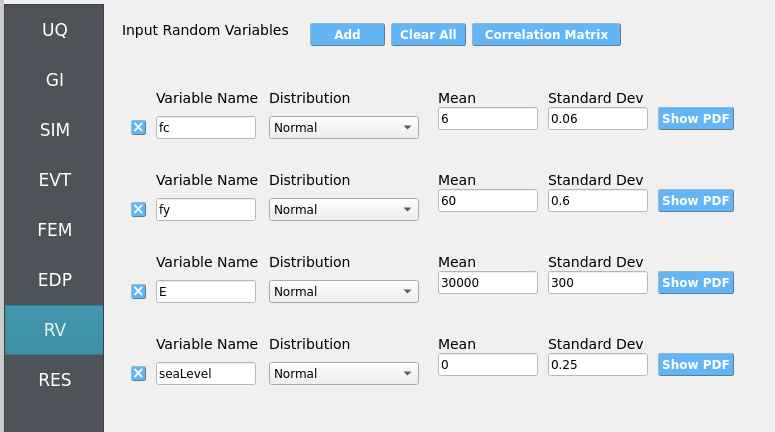 RV panel listing fc, fy, E, and seaLevel with Normal distributions and parameters.