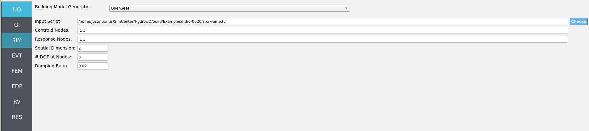 SIM panel referencing an OpenSees model file (Frame.tcl) with fields for material properties set as variable names fc, fy, and E.