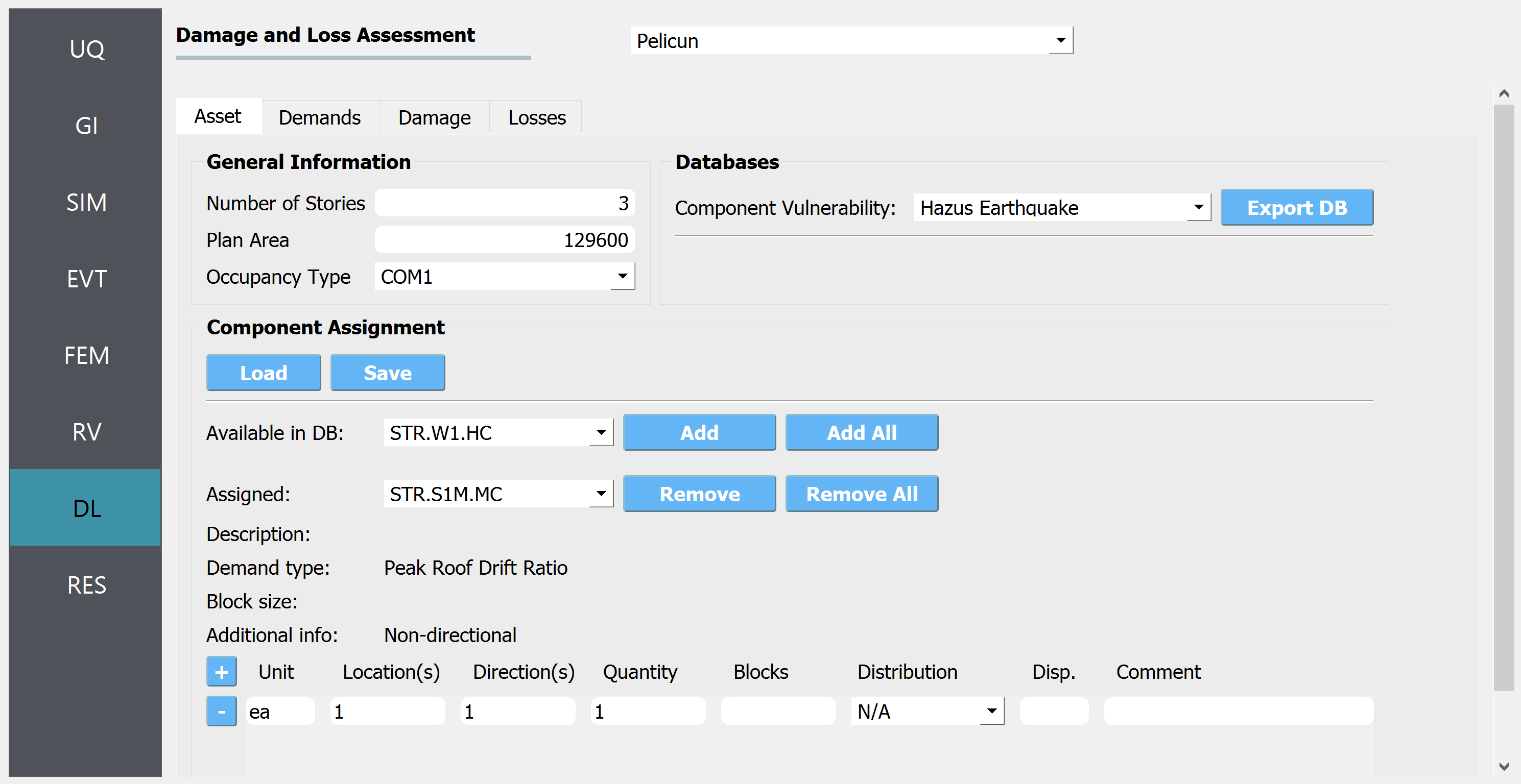 Screenshot of a damage and loss assessment software interface with various sections for inputting information about a building's characteristics and components. The General Information section includes fields for 'Number of Stories' and 'Plan Area'. A section for Component Assignment is shown with buttons for 'Load', 'Save', 'Add', 'Add All', 'Remove', 'Remove All', and lists 'Available in DB' and 'Assigned' components. There is a portion labeled 'Databases' with a dropdown menu for 'Component Vulnerability' currently set to 'Hazus Earthquake' and a button to 'Export DB'. The interface also includes vertical navigation tabs on the left side with labels such as UQ, GI, SIM, EVT, FEM, RV, DL, and RES, with the DL tab highlighted.