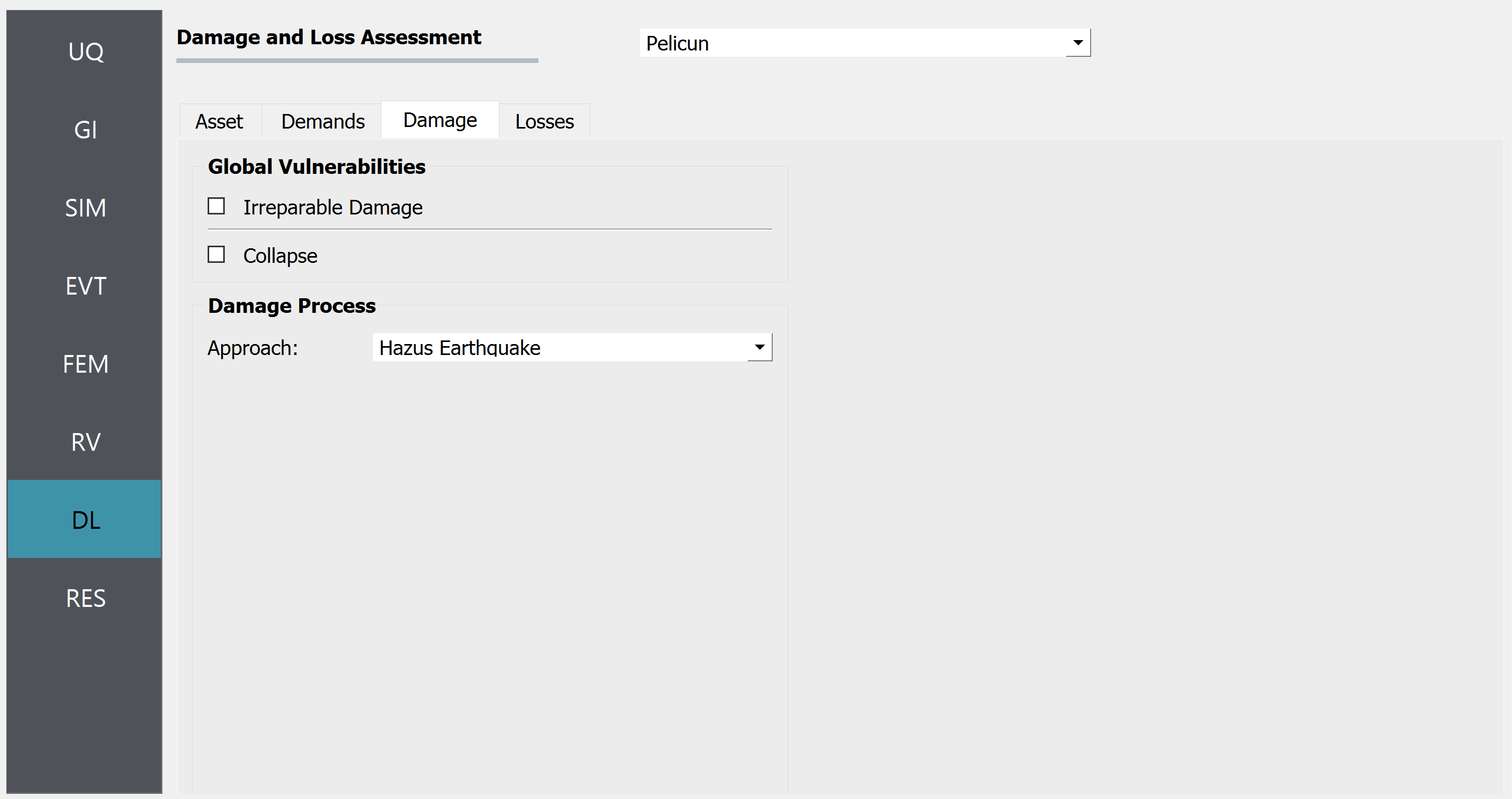 Screenshot of a user interface for a damage and loss assessment application named Pelicun with a menu on the left side showing acronyms UQ, GI, SIM, EVT, FEM, RV, DL, RES with 'DL' highlighted, indicating the current section. The main panel has tabs labeled 'Asset,' 'Demands,' 'Damage,' 'Losses' and sections titled 'Global Vulnerabilities' with checkboxes for 'Irreparable Damage' and 'Collapse,' and 'Damage Process' with a dropdown menu set to 'Hazus Earthquake.' The interface has a clean, professional layout with a grey and teal color scheme.