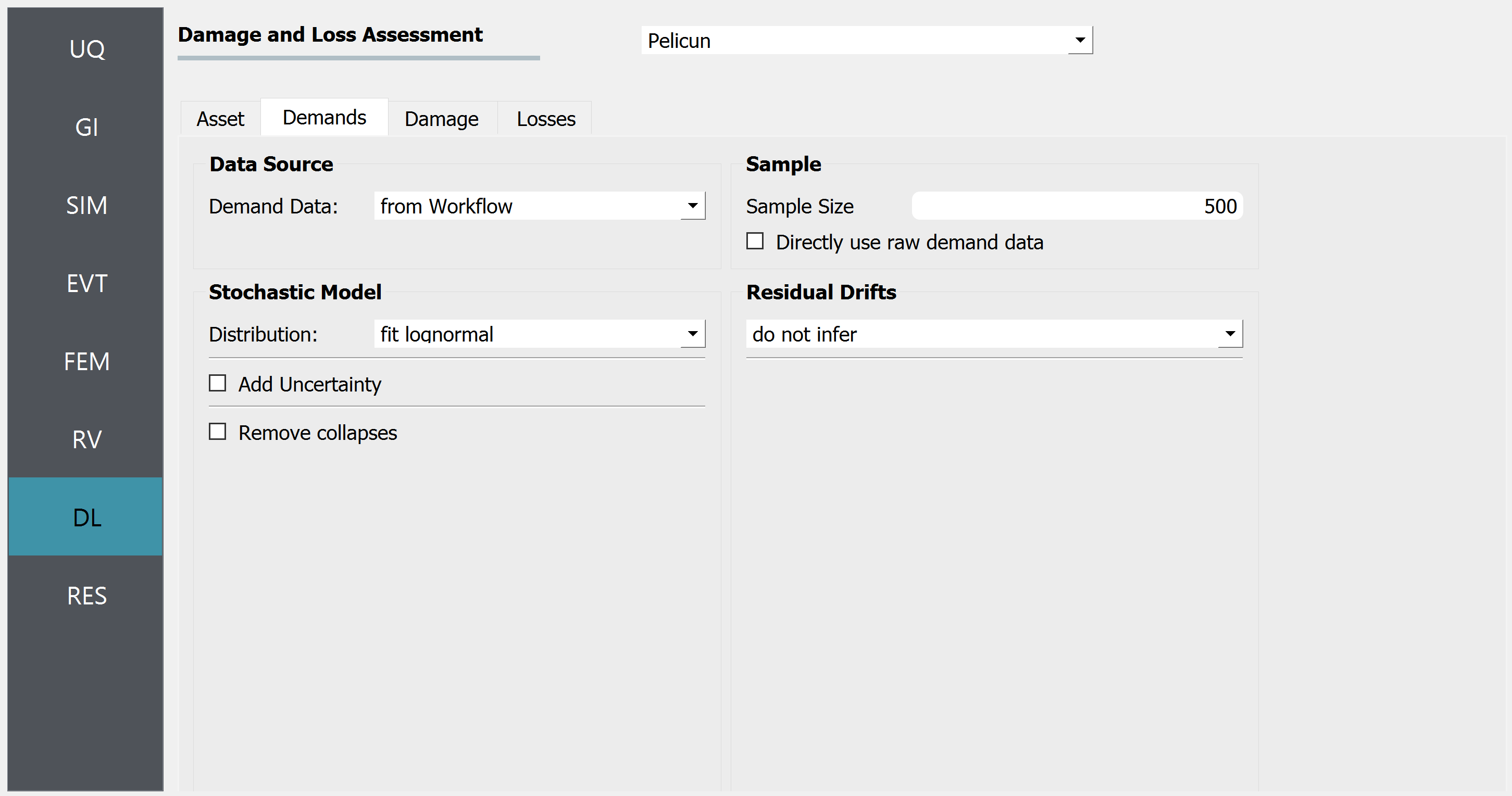 Screenshot of a user interface for a 'Damage and Loss Assessment' application named Pelicun. The interface includes tabs for inputs categorized under Asset, Demands, Damage, and Losses. Current visible settings include 'Data Source' with 'Demand Data: from Workflow,' 'Stochastic Model' with 'Distribution: fit lognormal,' checkboxes for 'Add Uncertainty' and 'Remove collapses,' 'Sample' with 'Sample Size' of 500 and a checkbox for 'Directly use raw demand data,' and 'Residual Drifts' with a setting 'do not infer.' On the left side, there's a vertical menu with the options UQ, GI, SIM, EVT, FEM, RV, DL (highlighted), and RES.