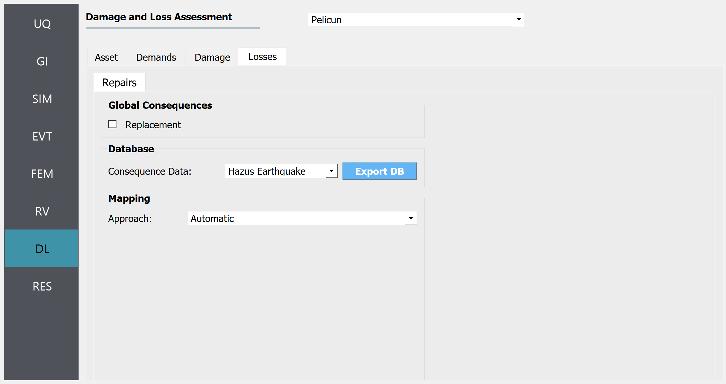 Screenshot of a Damage and Loss Assessment software interface titled "Pelicun" displaying various tabs and options for analysis, including a selected tab labeled 'DL' on the left sidebar, and categories such as Asset, Demands, Damage, and Losses with subcategories like Repairs, Global Consequences, Database, and Mapping on the main panel. An option to export the database is visible, and the dropdown menu shows "Hazus Earthquake" as the selected consequence data.