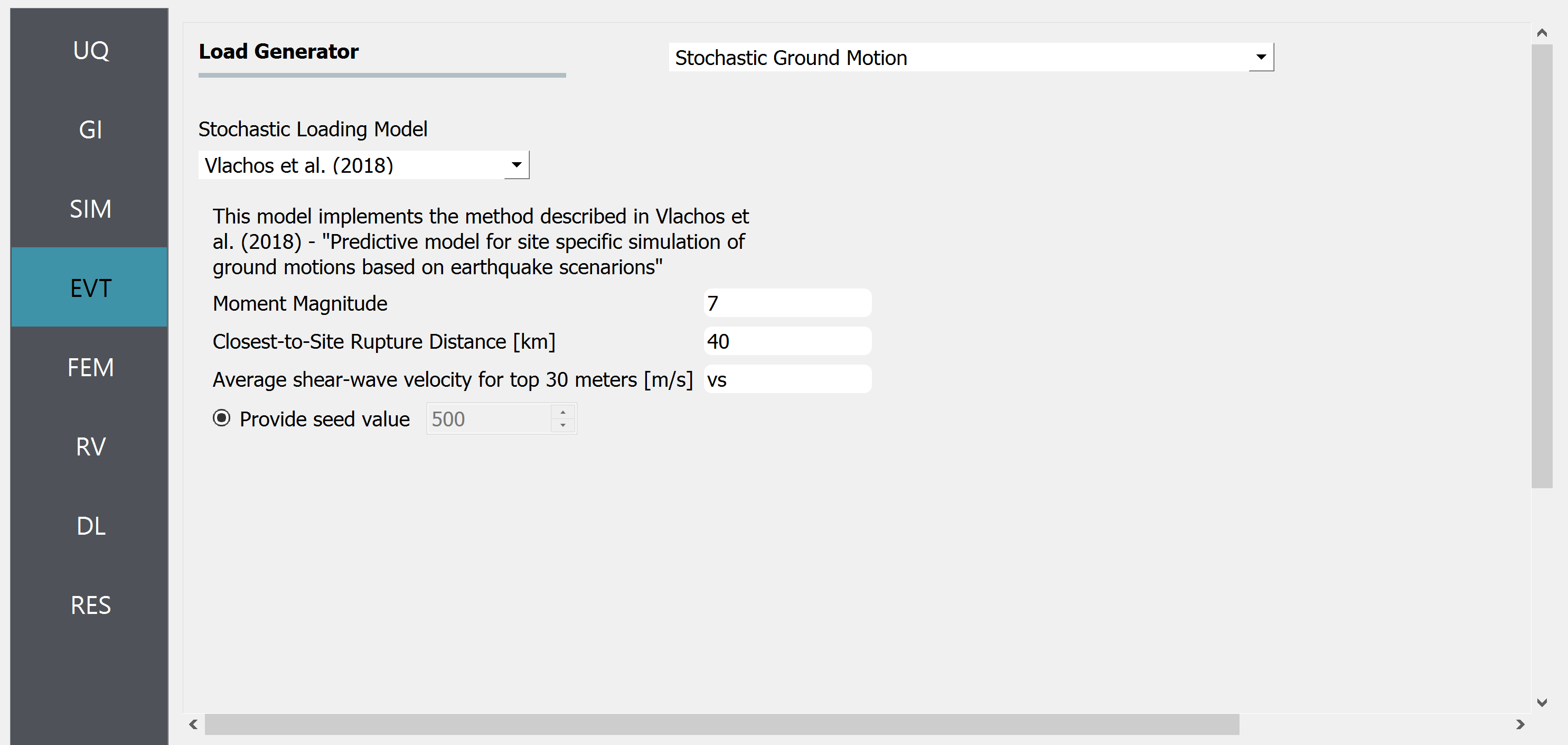 Screenshot of a software interface titled "Load Generator" for a Stochastic Ground Motion simulation. The interface shows a selected stochastic loading model referencing Vlachos et al. (2018), along with input fields for Moment Magnitude (set to 7), Closest-to-Site Rupture Distance in kilometers (set to 40), and Average shear-wave velocity for the top 30 meters in meters per second (labeled 'vs'), with a radio button for providing a seed value (set to 500). There is a navigation sidebar on the left with various options like UQ, GI, SIM, EVT (selected), FEM, RV, DL, and RES.