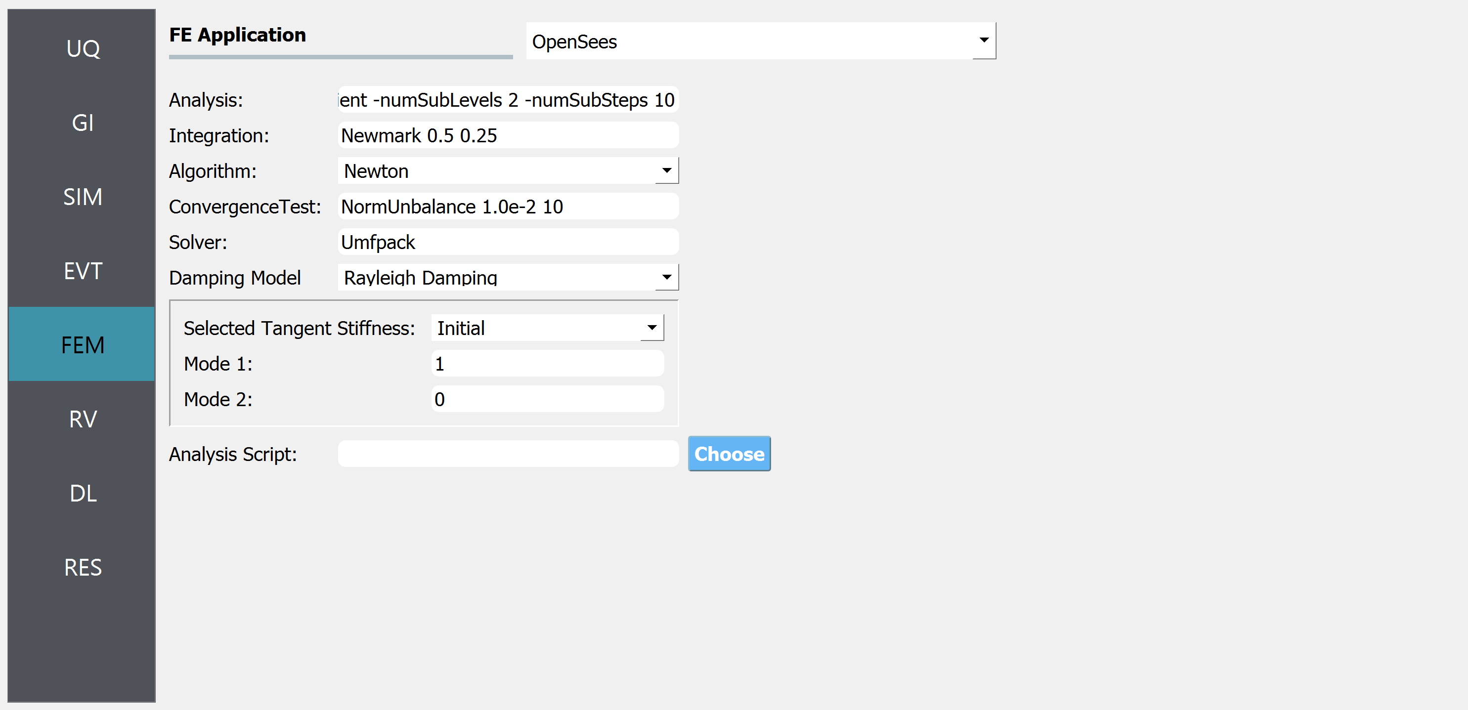 Screenshot of a user interface for a finite element application named OpenSees. The panel is showing various input fields classified under headings like Analysis, Integration, Algorithm, ConvergenceTest, Solver, Damping Model, and Selected Tangent Stiffness. Each category has predetermined choices or numerical inputs, with a 'Choose' button at the bottom right. On the left sidebar, 'FEM' is highlighted, indicating the current section the user is in, with other sections like UQ, GI, SIM, EVT, RV, DL, and RES listed above and below.