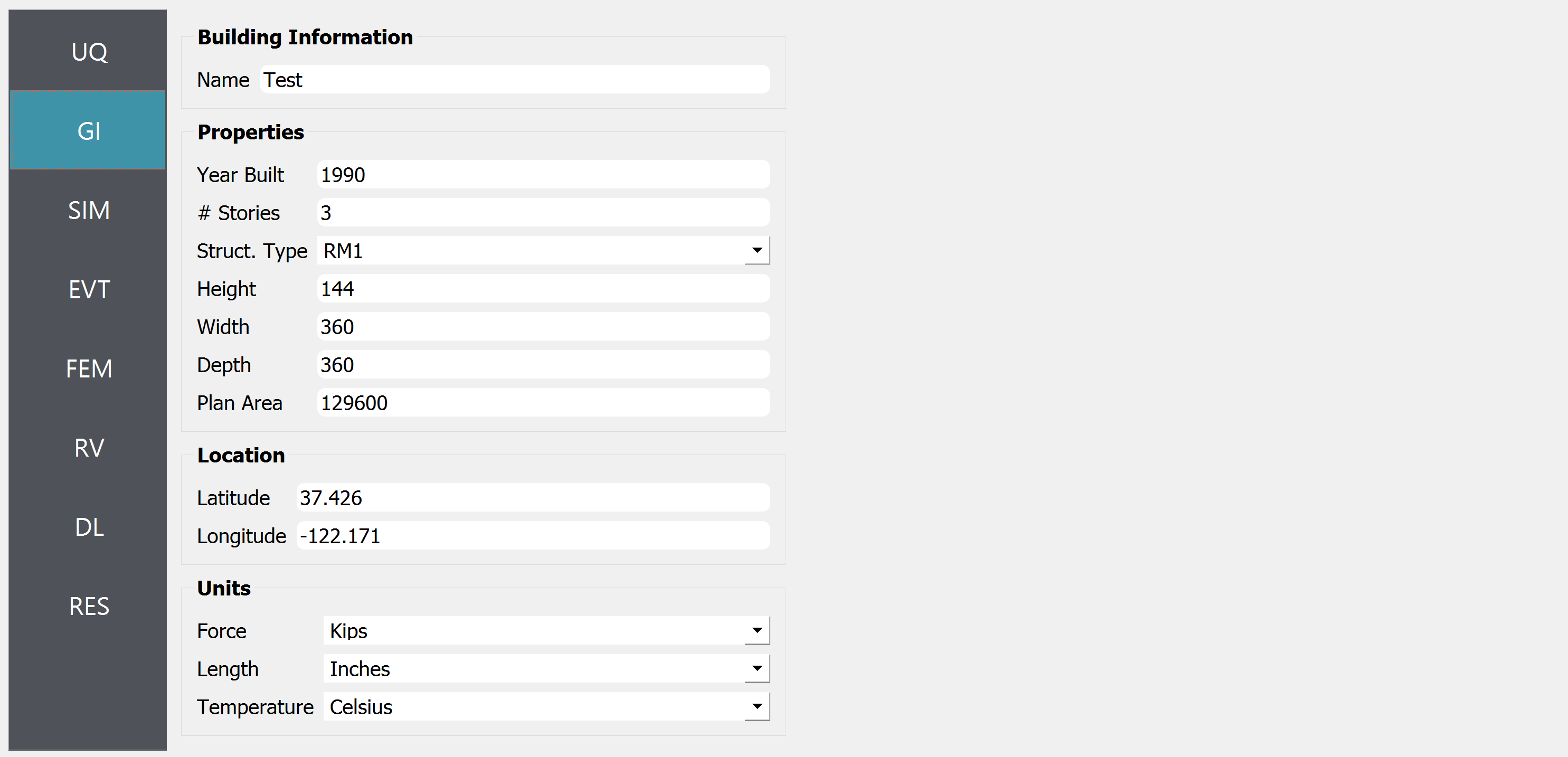 Screenshot of a user interface showing "Building Information" with fields for name, properties (including year built, number of stories, structural type, height, width, depth, and plan area), location (latitude and longitude), and units (force in kips, length in inches, and temperature in Celsius). The building name is entered as "Test", the year built is "1990", and it has "3" stories with a "RM1" structural type. No image of the actual building is present, just the data entry interface.