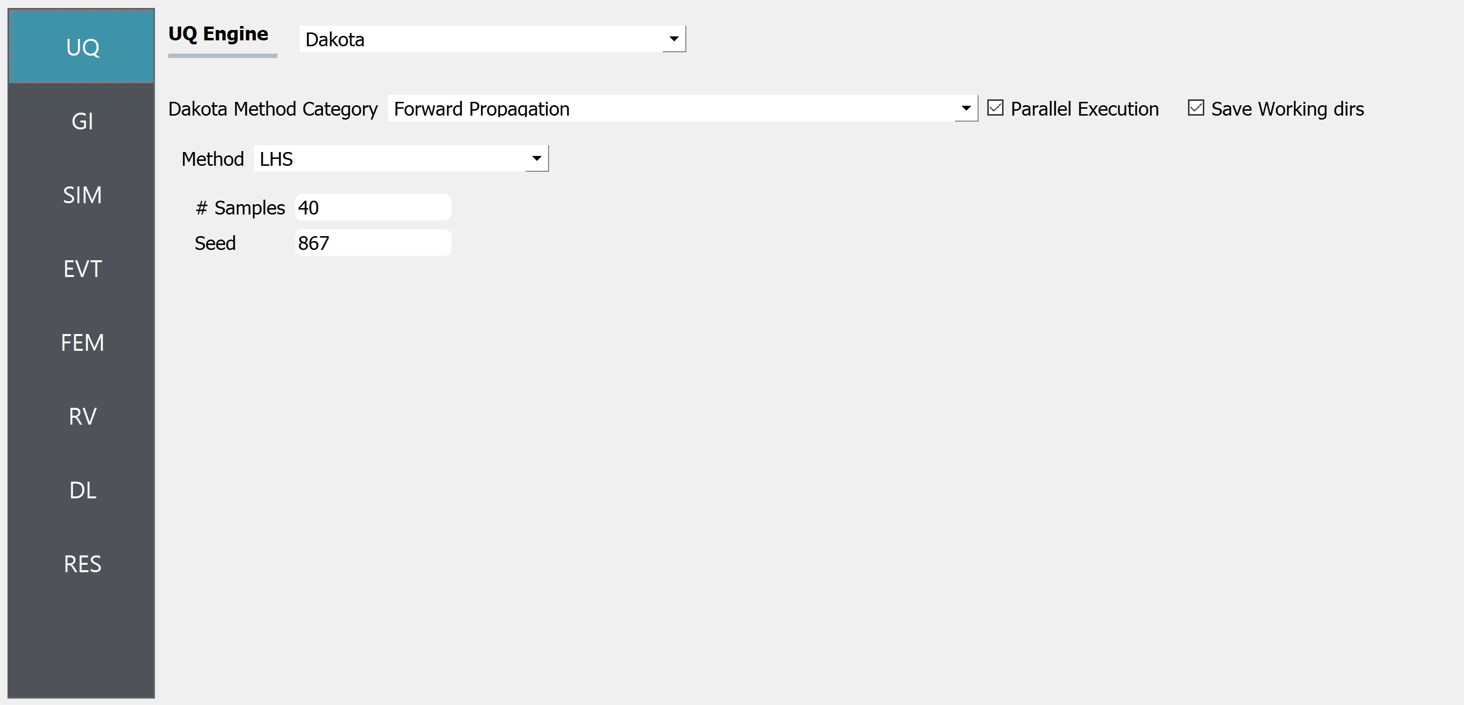 Screenshot of a graphical user interface for a software program with a sidebar and a main content area. The sidebar includes the acronyms UQ, GI, SIM, EVT, FEM, RV, DL, and RES in white text against a dark background, which are likely navigation menu items or module names. The main content area displays settings related to the "UQ Engine" with "Dakota" selected from a dropdown menu. There is a section titled "Dakota Method Category" with "Forward Propagation" selected, followed by options to choose a method ("LHS" currently selected), set the number of samples ("40"), and input a seed value ("867"). Lastly, checkboxes for "Parallel Execution" and "Save Working dirs" are visible with "Parallel Execution" checked. The layout suggests that this is a configuration panel for running uncertainty quantification (UQ) simulations or analyses.