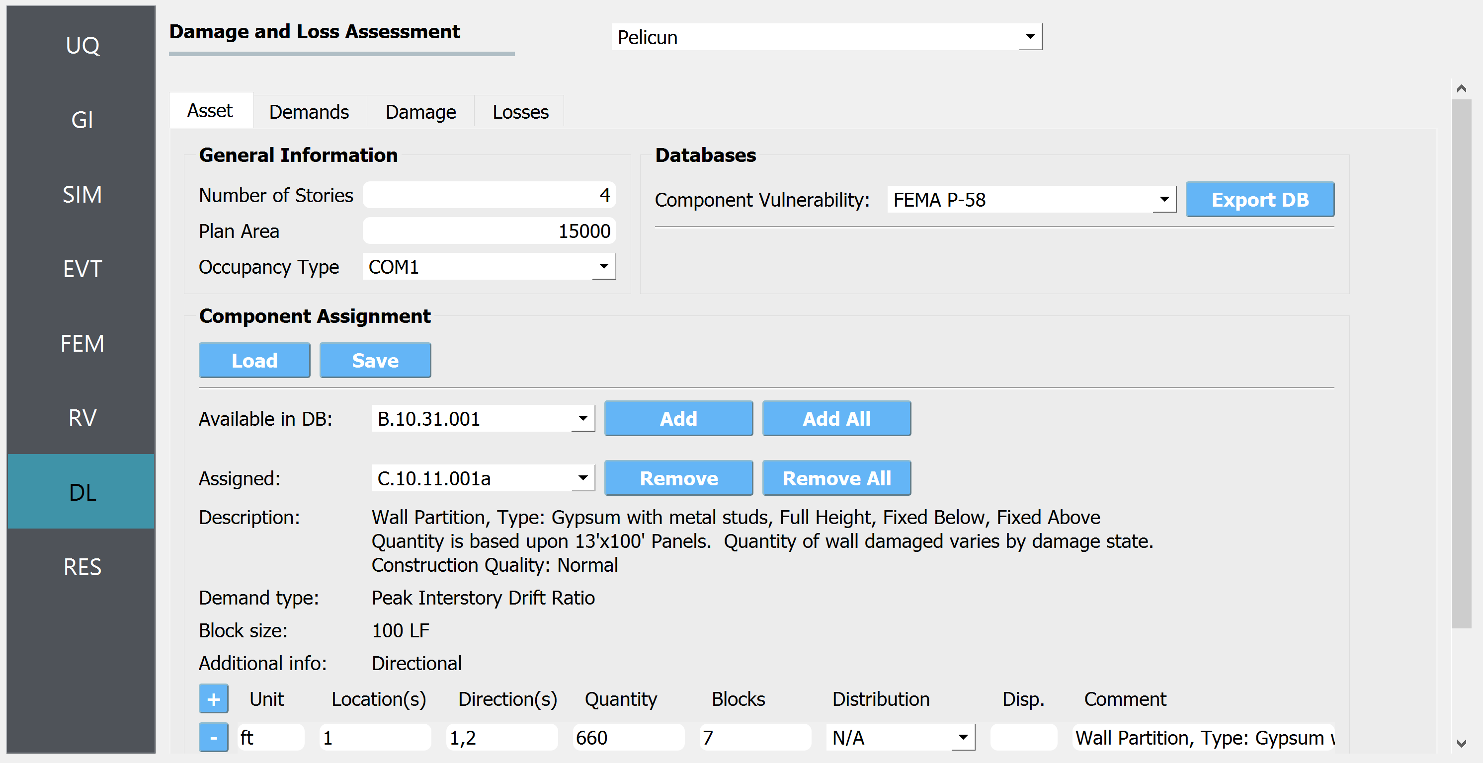 Screenshot of a software interface titled "Damage and Loss Assessment" from the Pelicun application. On the left, a vertical navigation bar with menu options: UQ, GI, SIM, EVT, FEM, RV, DL, and RES with 'DL' highlighted. The main area of the interface includes tabs for Asset, Demands, Damage, and Losses, with "General Information" including fields for "Number of Stories" and "Plan Area" as well as a drop-down for "Occupancy Type". Below is a "Component Assignment" section with Load and Save buttons, lists for available and assigned components, and buttons to add or remove these components. In the bottom pane, there's a detailed entry for a wall partition component, including type, quantity, blocks, and additional specifications.