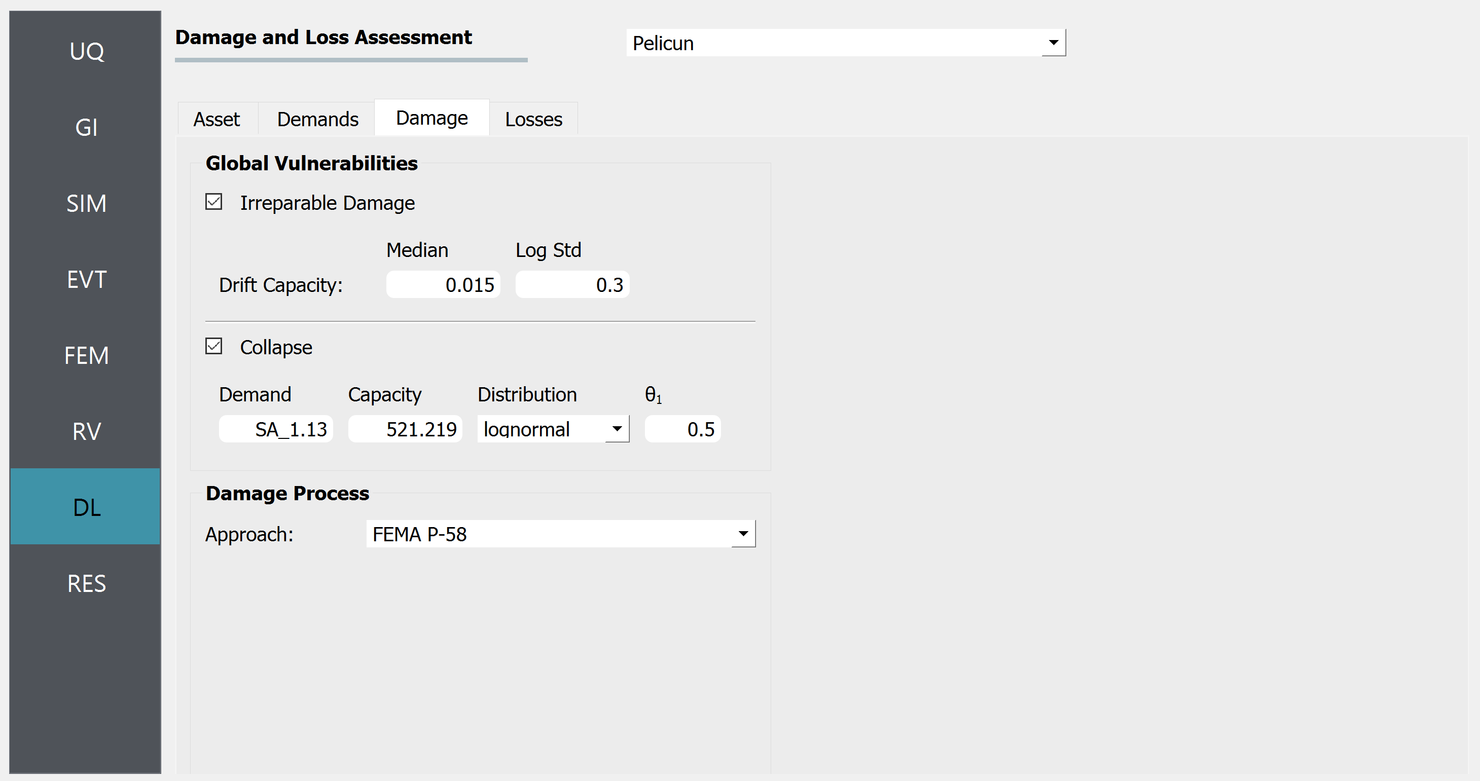 Screenshot of a software interface for Damage and Loss Assessment with various tabs and parameters. The main section is titled "Pelican" with tabs for Asset, Demands, Damage, and Losses. Subsections titled "Global Vulnerabilities" list parameters such as 'Irreparable Damage' with median and log standard deviation sliders, and 'Collapse' with inputs for Demand, Capacity, Distribution, and Theta 1. "Damage Process" shows an approach dropdown menu with selection "FEMA P-58". On the left side, there's a vertical menu with options UQ, GI, SIM, EVT, FEM, RV, DL (highlighted), and RES.