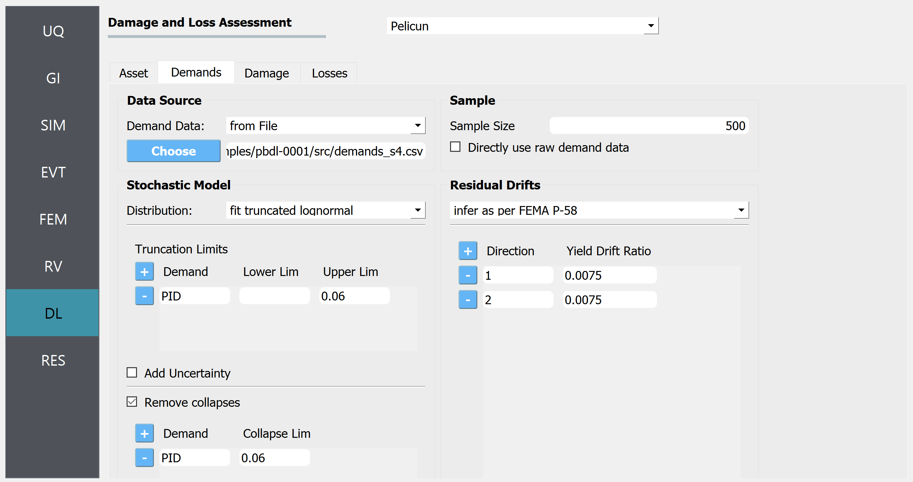 Screenshot of a software interface titled "Damage and Loss Assessment" from a tool called "Pelican". The interface includes several panels with options for inputting data and configuring analysis parameters. The left panel has a vertical navigation bar with the selected option "DL". The main window is split into tabs labeled "Asset", "Demands", "Damage", and "Losses". The "Demands" tab is active, displaying sections for "Data Source", where a file can be chosen, "Stochastic Model" with drop-down options for distribution type, and configurable truncation and collapse limits. On the right, there is a "Sample" section for setting sample size and raw data usage, as well as "Residual Drifts" where drift ratios for two different directions can be inputted, referencing FEMA P-58 for inference. The design is clean with a color scheme of blues, grays, and white.