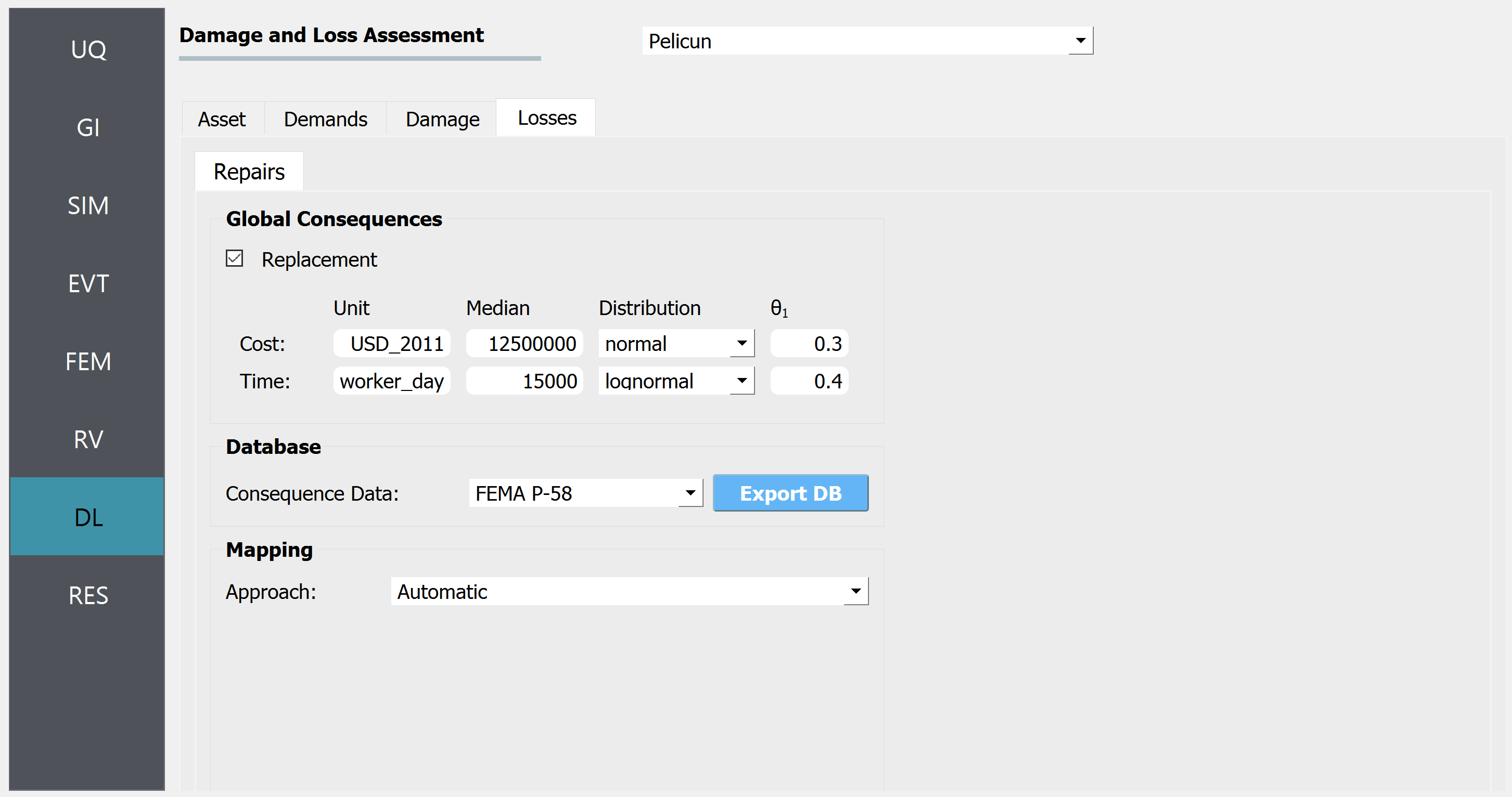 Screenshot of a damage and loss assessment interface titled "Pelican" with various input sections for an asset's demands, damage, and losses. It includes fields for global consequences cost and time with editable parameters such as unit, median, distribution, and θ. The cost is set to "USD_2011" with a median value of "12500000" and a normal distribution, whereas the time is measured in "worker_day" with a median value of "15000" and a lognormal distribution. There are checkboxes for replacement, an export database button that says "Export DB," and dropdown menus for selecting consequence data and mapping approach. The sidebar contains vertical tabs labeled UQ, GI, SIM, EVT, FEM, RV, DL, and RES, with the DL tab highlighted.