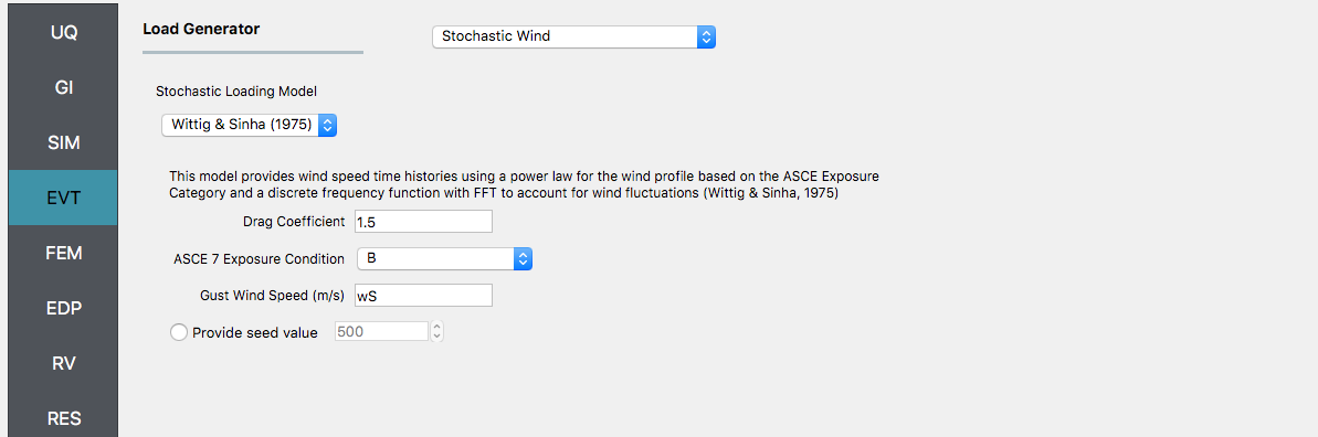 Screenshot of a "Load Generator" software interface with the Stochastic Wind tab selected, displaying settings for a stochastic loading model based on Wittig & Sinha (1975). The model generates wind speed time histories with options to adjust the Drag Coefficient, select ASCE 7 Exposure Condition, input Gust Wind Speed, and an option to provide a seed value for random number generation.