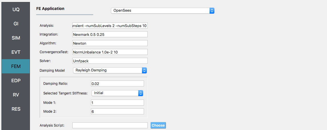 Screenshot of a software interface for finite element analysis application named OpenSees. The interface includes fields and drop-down menus to input parameters such as Analysis, Integration, Algorithm, ConvergenceTest, Solver, and Damping Model. Options like Rayleigh Damping, Newton integration method, and Umfpack solver are selected, among other settings for damping ratio and mode numbers.