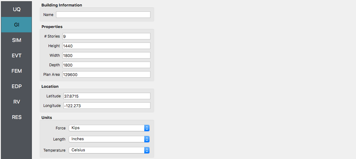 Screenshot of a software interface displaying 'Building Information' with editable fields and dropdown menus. Fields shown include 'Name' (blank) and 'Properties' such as the number of stories (9), height (1440), width (1800), depth (1800), and plan area (129600). 'Location' information includes latitude (37.8715) and longitude (-122.273). 'Units' with dropdown selections for 'Force' (Kips), 'Length' (Inches), and 'Temperature' (Celsius) are also visible. The interface has a vertical menu on the left with various options, such as UQ, GI, SIM, EVT, and others, highlighted in a blue and grey color scheme.