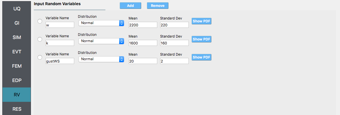 A software interface displaying a table titled "Input Random Variables" with three rows of data. Each row has fields for 'Variable Name,' 'Distribution,' 'Mean,' and 'Standard Dev.' The variable names are 'w,' 'k,' and 'gustWS,' all with 'Normal' distribution. Mean values are 2200 for 'w,' 1600 for 'k,' and 20 for 'gustWS' with corresponding standard deviations of 220, 160, and 2. There are 'Show PDF' buttons on the right of each row and 'Add' and 'Remove' buttons at the top of the table. On the left side of the screen, there are vertical tabs with abbreviations such as 'UQ,' 'GI,' 'SIM,' 'EVT,' 'FEM,' 'EDP,' 'RV,' and 'RES,' with 'RV' highlighted in blue.